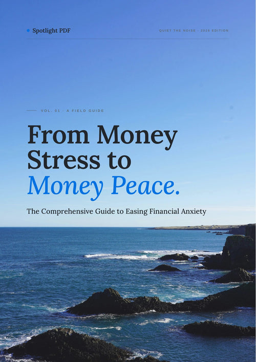 From Money Stress to Money Peace — the comprehensive guide to easing financial anxiety. Vol. 01, 2026 edition. Cover image with rocky seascape.